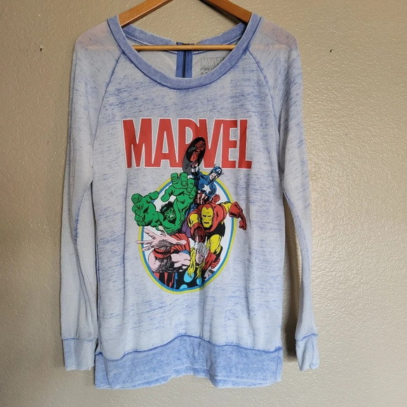 Vintage Y2K Marvel Blue Burnout Long sleeve Crewneck Tee Size Medium - Picture 1 of 8
